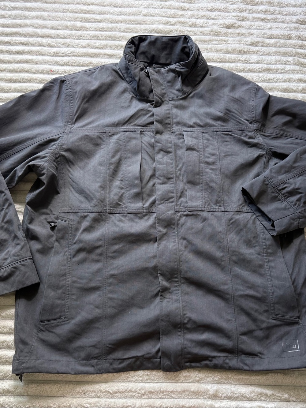 REI Men's XL Gray Full Zip Stand Collar Nylon Jacket Logo Zipper